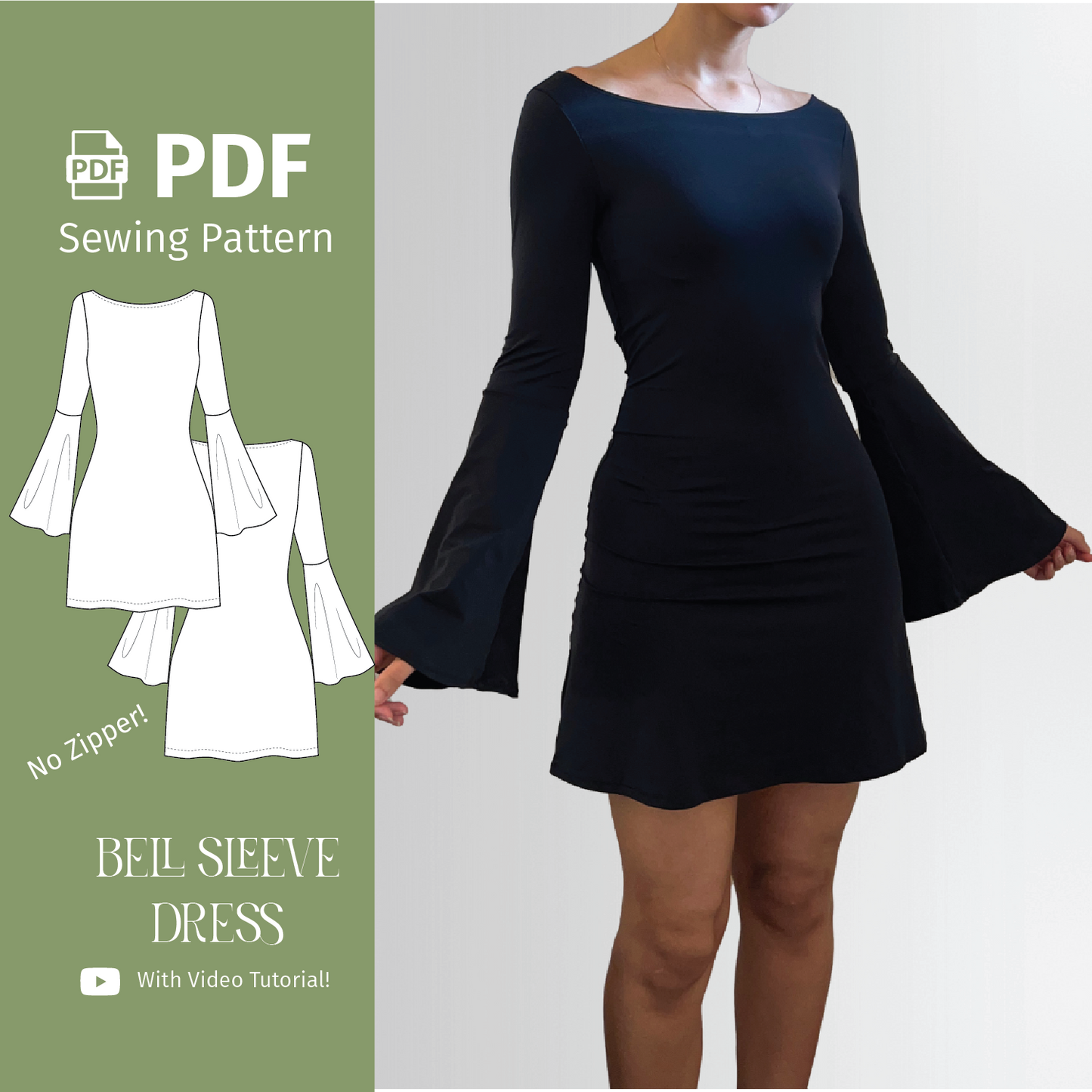 Bell Sleeve Dress (NO ZIPPER) - PDF Sewing Pattern