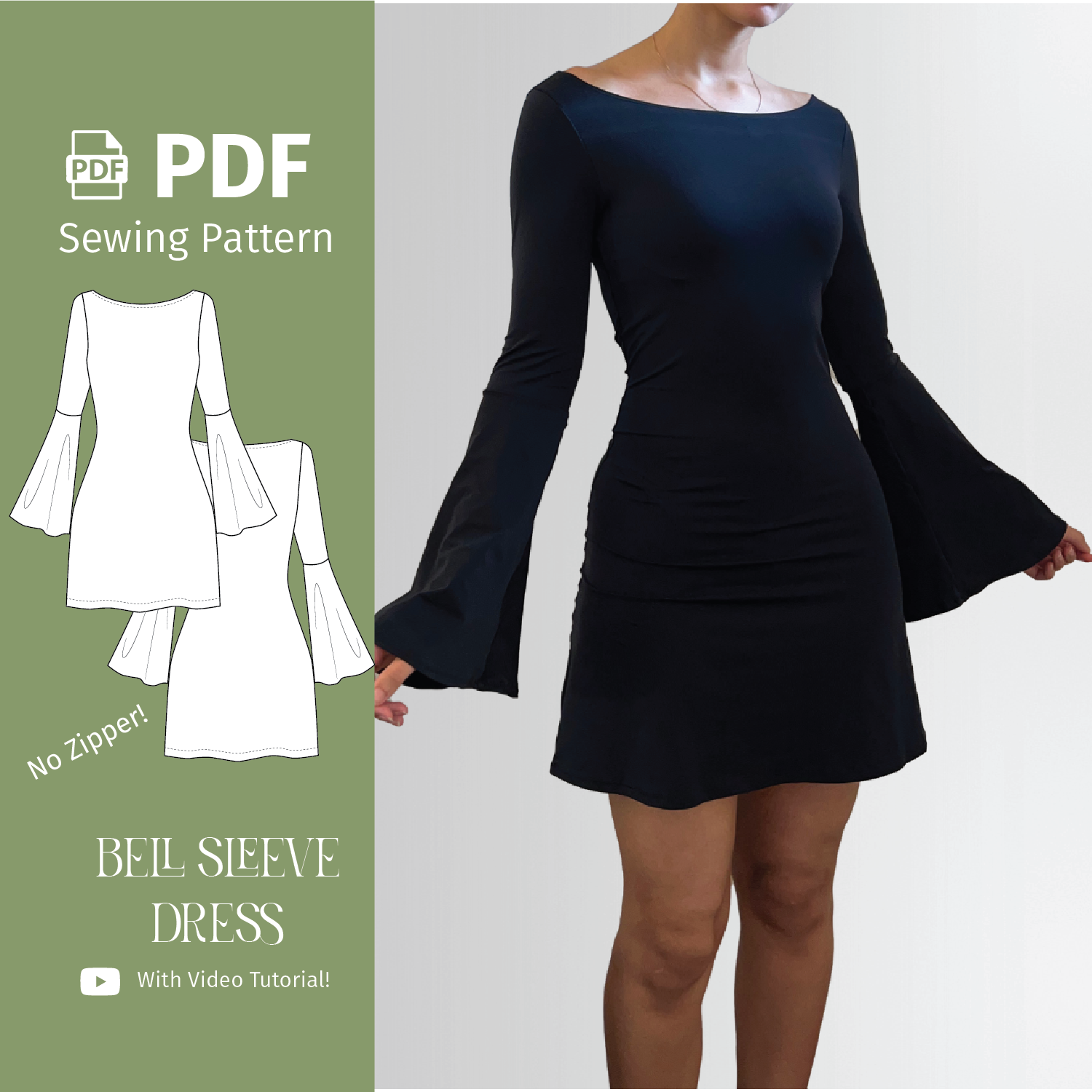 long sleeve mini dress sewing pattern Bell Sleeve Dress (NO ZIPPER)